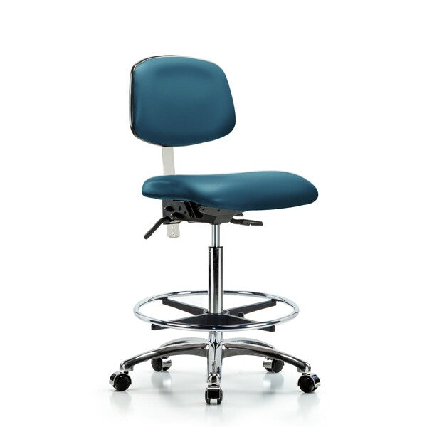 Blue Ridge Ergonomics NCR-VHBCH-CR-T1-A0-CF-CC-8801 Class 100 Vinyl Clean Room Chair - High Bench Height with Seat Tilt, Chrome Foot Ring, & Casters in Marine Blue Supernova™ Vinyl