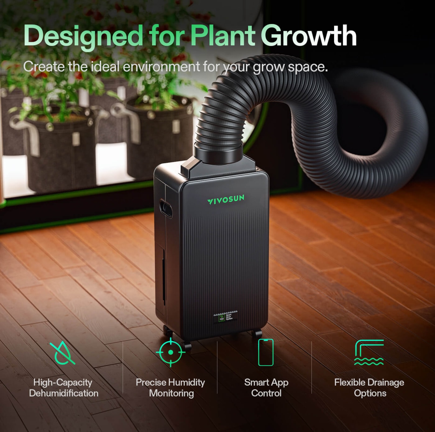 Vivosun AeroDrain D12 Intelligent Environmental Dehumidifier, up to 12L/day, 2L Water Tank, with Temperature & Humidity Sensor Probe