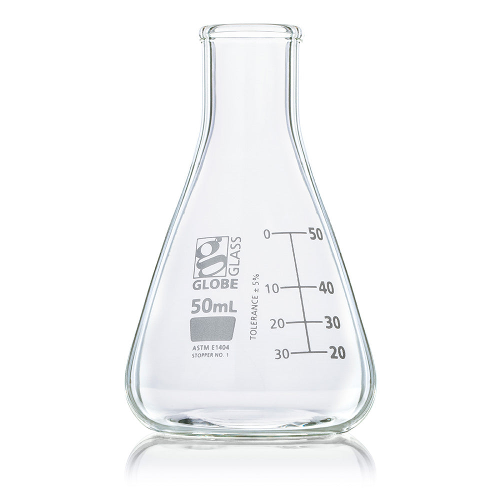 Globe Scientific 8400050 Flask Erlenmeyer Globe Glass 50mL Narrow Mouth Dual Graduations ASTM E1404 12/Box