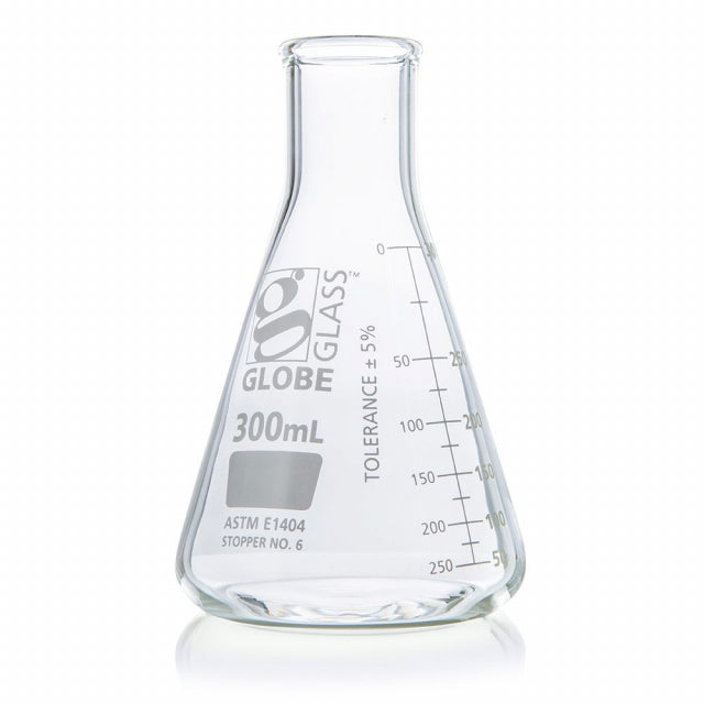 Globe Scientific 8400300 Flask Erlenmeyer Globe Glass 300mL Narrow Mouth Dual Graduations ASTM E1404 12/Box