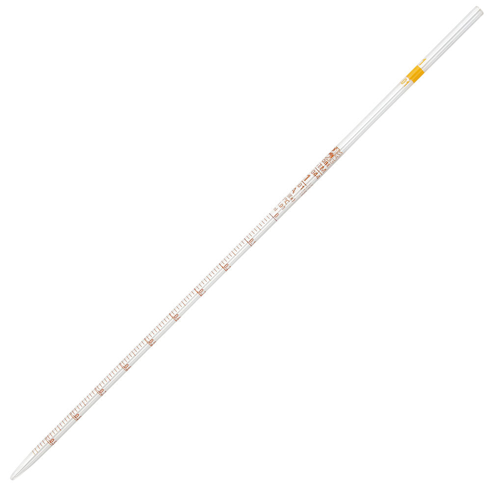 Globe Scientific 8500001A Pipette Serological Globe Glass Reusable 1mL Class A To Deliver (TD) 0.01 Graduations Yellow Band 6/Box