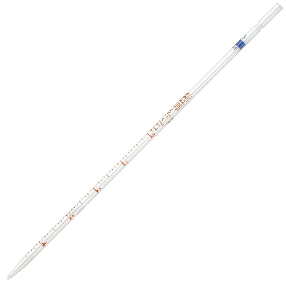 Globe Scientific 8500005 Pipette Serological Globe Glass Reusable 5mL Class A To Deliver (TD) 0.1 Graduations Blue Band 6/Box