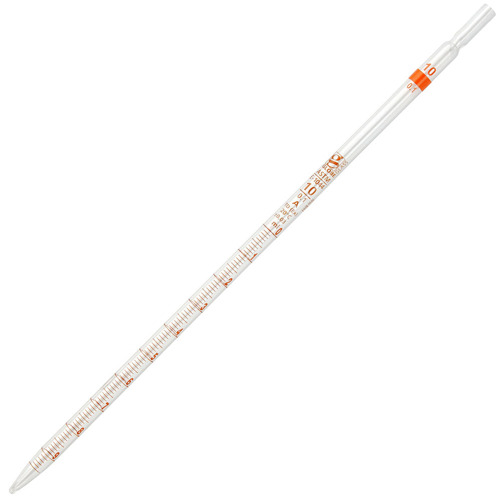 Globe Scientific 8500010 Pipette Serological Globe Glass Reusable 10mL Class A To Deliver (TD) 0.1 Graduations Orange Band 6/Box