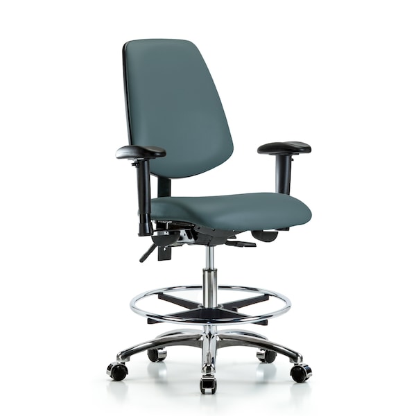 Blue Ridge Ergonomics VMBCH-MB-CR-T0-A1-CF-CC-8546 Rutledge Vinyl Chair Chrome - Medium Bench Height with Medium Back, Adjustable Arms, Chrome Foot Ring, & Casters in Colonial Blue Trailblazer™ Vinyl