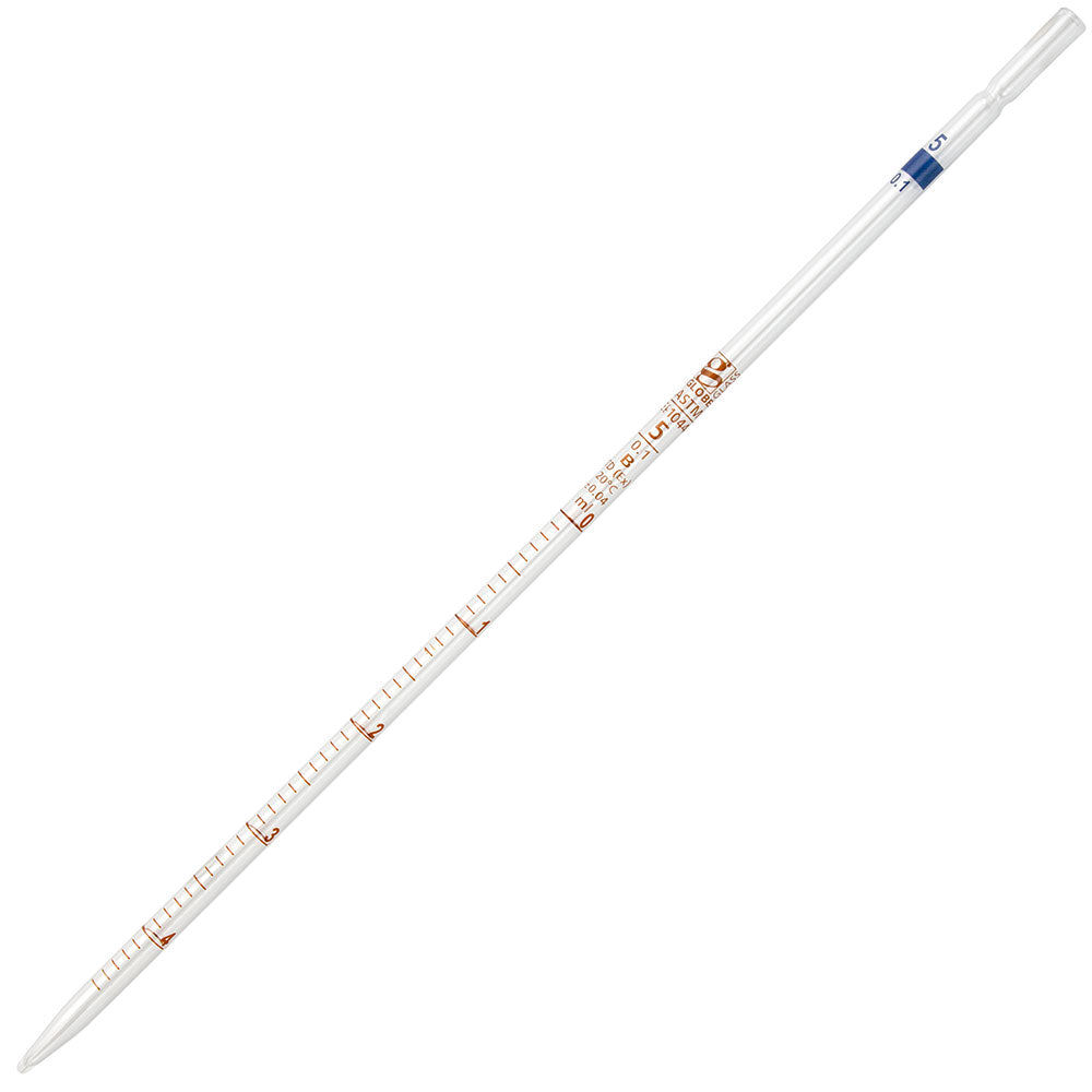 Globe Scientific 8510005 Pipette Serological Globe Glass Reusable 5mL To Deliver (TD) 0.1 Graduations Blue Band ASTM E1044 6/Box