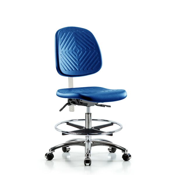 Blue Ridge Ergonomics NCR-PMBCH-MB-CR-T0-A0-CF-CC-BLU Class 10 Polyurethane Clean Room Chair - Medium Bench Height with Medium Back & Casters in Blue Polyurethane