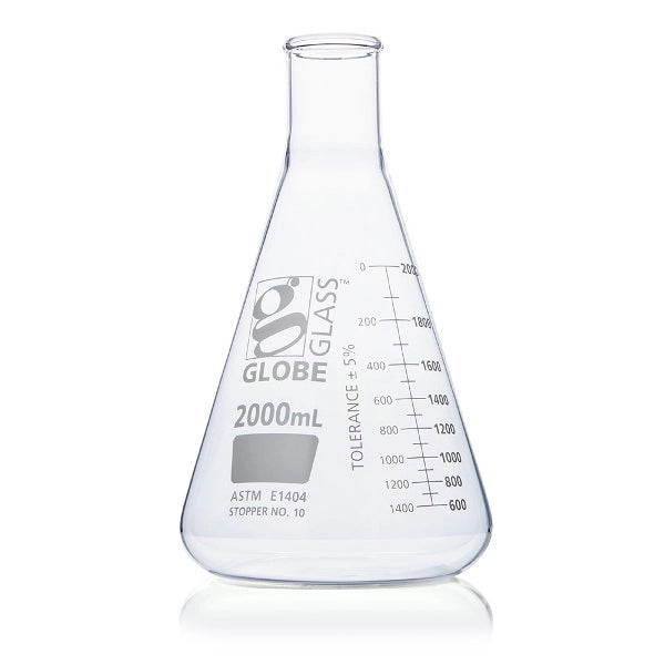 Globe Scientific 8402000 Flask Erlenmeyer Globe Glass 2000mL Narrow Mouth Dual Graduations ASTM E1404 4/Box