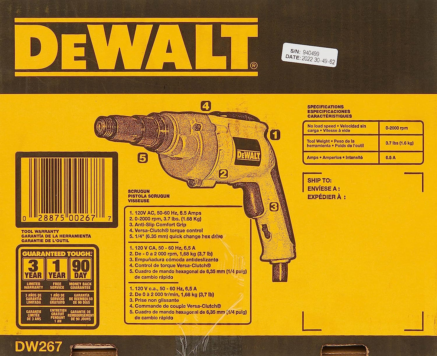 Dewalt DW267 6.5 Amp 2000 Rpm Vsr Versa-Clutch Screwdriver