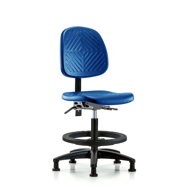 Blue Ridge Ergonomics PMBCH-MB-RG-T0-A0-BF-RG-BLU Polyurethane Chair - Medium Bench Height with Medium Back, Black Foot Ring, & Stationary Glides in Blue Polyurethane