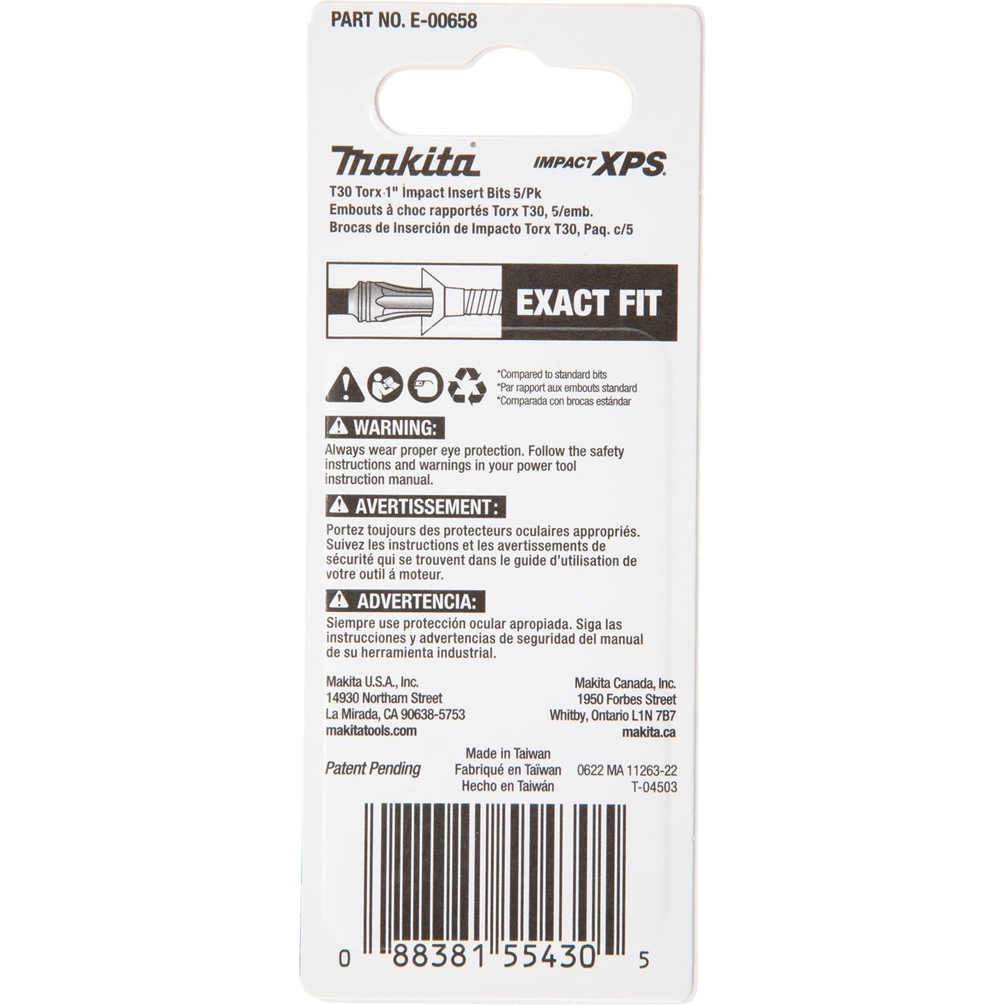 Makita E-00658 Impact XPS® T30 Torx 1" Insert Bit, 5/pk