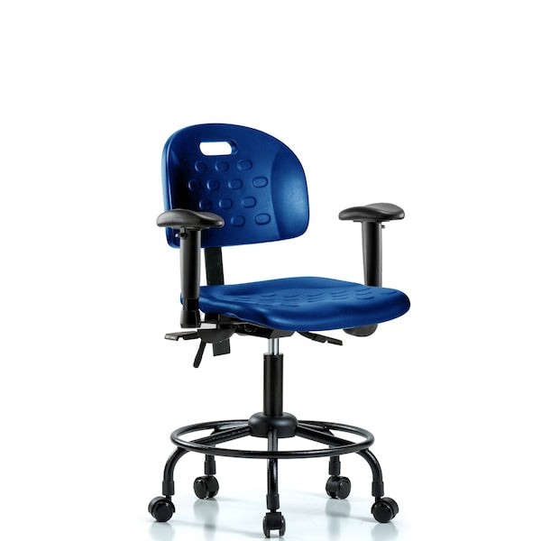 Blue Ridge Ergonomics HPDHCH-RT-T1-A1-RC-BLU Newport Industrial Polyurethane Chair with Round Tube Base - Desk Height with Seat Tilt, Adjustable Arms, & Casters in Blue Polyurethane