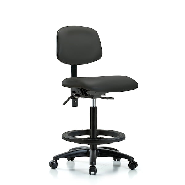 Blue Ridge Ergonomics VHBCH-RG-T0-A0-BF-RC-8605 Rutledge Vinyl Chair - High Bench Height with Black Foot Ring & Casters in Charcoal Trailblazer™ Vinyl