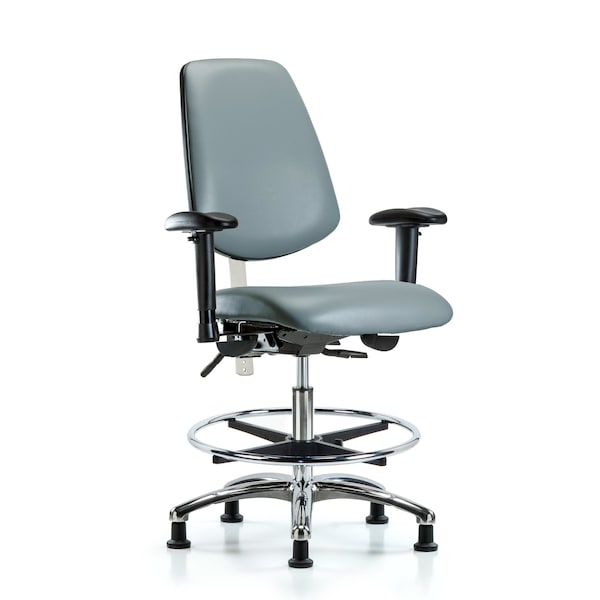 Blue Ridge Ergonomics NCR-VMBCH-MB-CR-T1-A1-CF-RG-8822 CL100 Vinyl Clean Room Chair - Medium Bench Height with Medium Back, Seat Tilt, Adjustable Arms, Chrome Foot Ring, & Stationary Glides in Storm Supernova™ Vinyl