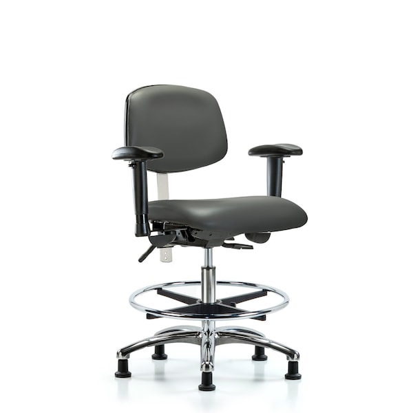 Blue Ridge Ergonomics NCR-VMBCH-CR-T1-A1-CF-RG-8823 Class 100 Vinyl Clean Room Chair - Medium Bench Height with Seat Tilt, Adjustable Arms, Chrome Foot Ring, & Stationary Glides in Carbon Supernova™ Vinyl