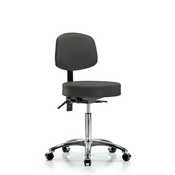 Blue Ridge Ergonomics VMBST-CR-T1-NF-CC-8605 Rutledge Vinyl Stool with Back Chrome - Medium Bench Height with Seat Tilt & Casters in Charcoal Trailblazer™ Vinyl