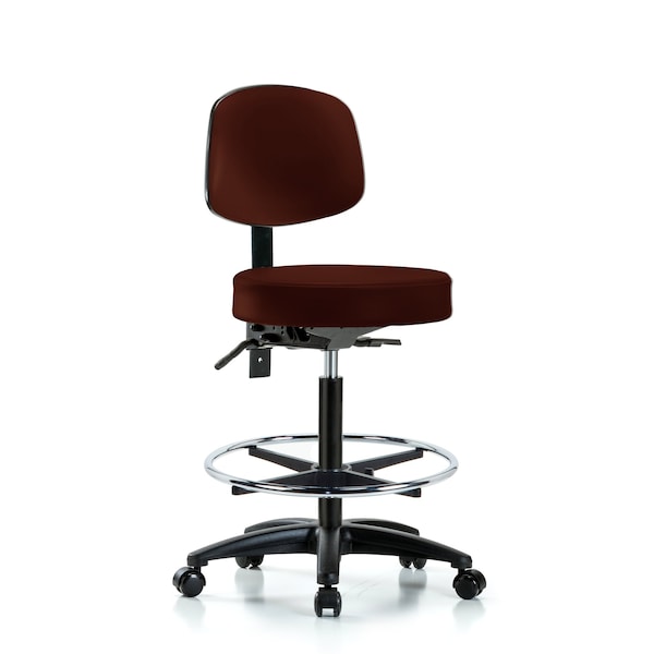 Blue Ridge Ergonomics VHBST-RG-T1-CF-RC-8569 Rutledge Vinyl Stool with Back - High Bench Height with Seat Tilt, Chrome Foot Ring, & Casters in Burgundy Trailblazer™ Vinyl