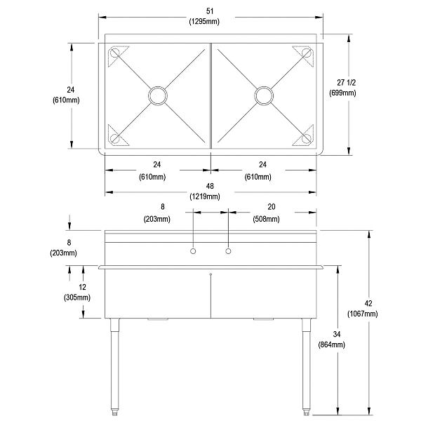 Elkay B2C24X24X Dependabilt Stainless Steel 51" x 27-1/2" x 42" 18 Gauge Two Compartment Budget Sink with Stainless Steel Legs