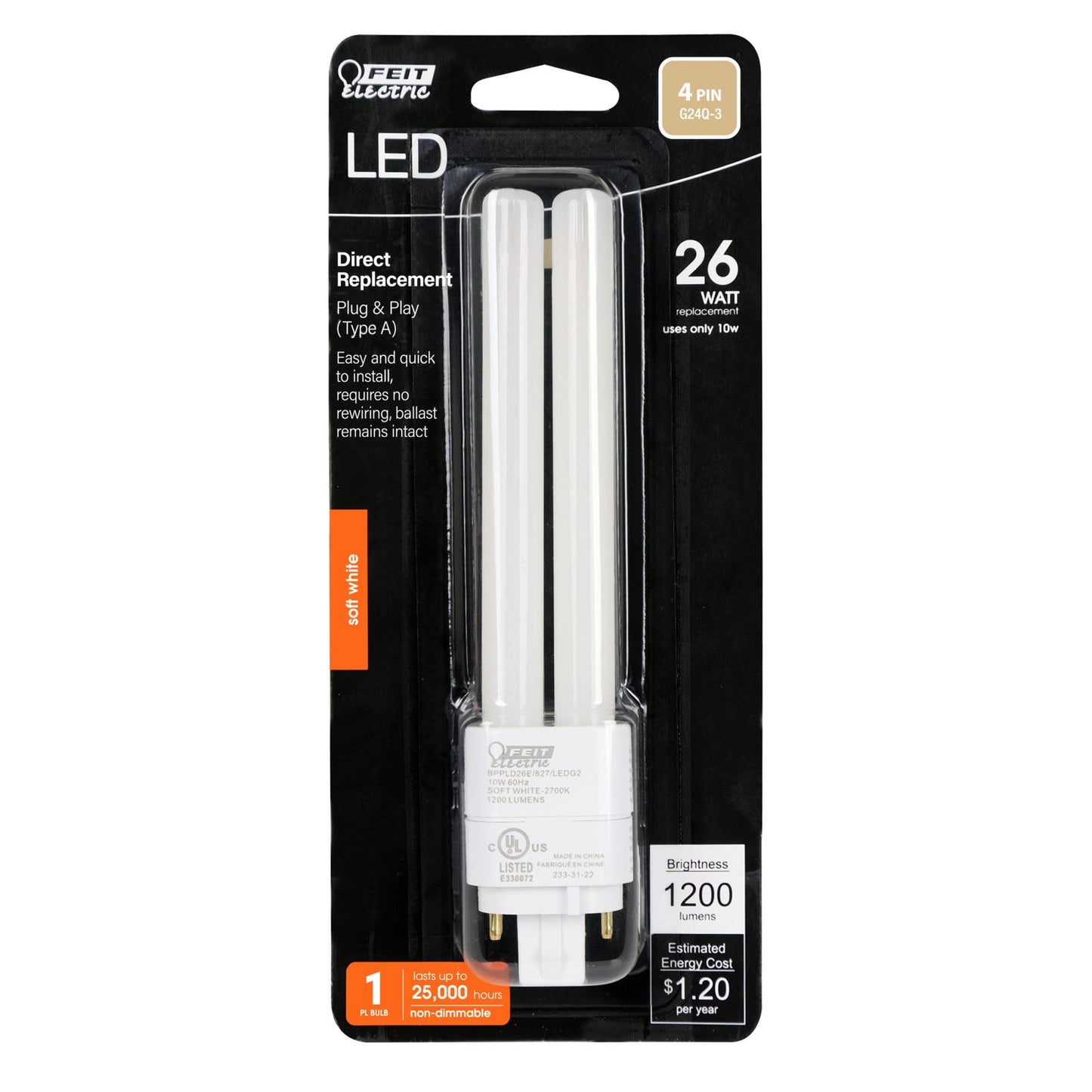 Feit Electric BPPLD26E/827/LEDG2 10W (26W Replacement) Soft White (2700K) G24Q 4 PIN Direct Replacement (Type A) LED PL Bulb