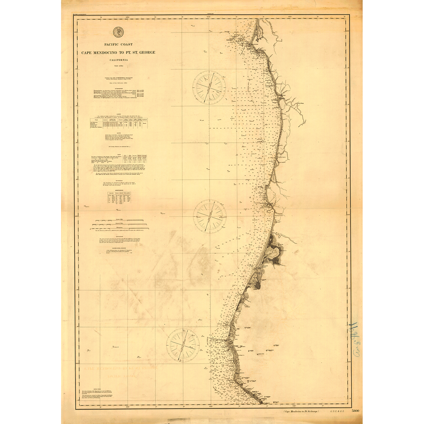 Paradise Clay IHP_CM1891 Historical Chart: Cape Mendocino to Point St. George 1891 (36 x 50 inches)