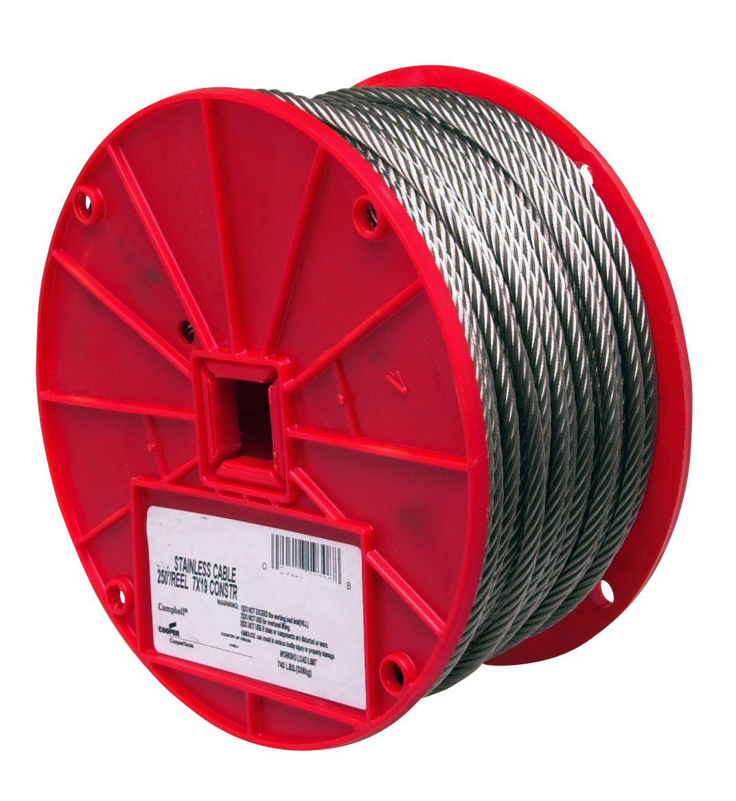 Campbell 7000826 1/4" 7 x 19 Type 304 Stainless Steel Cable, 250 Feet per Reel