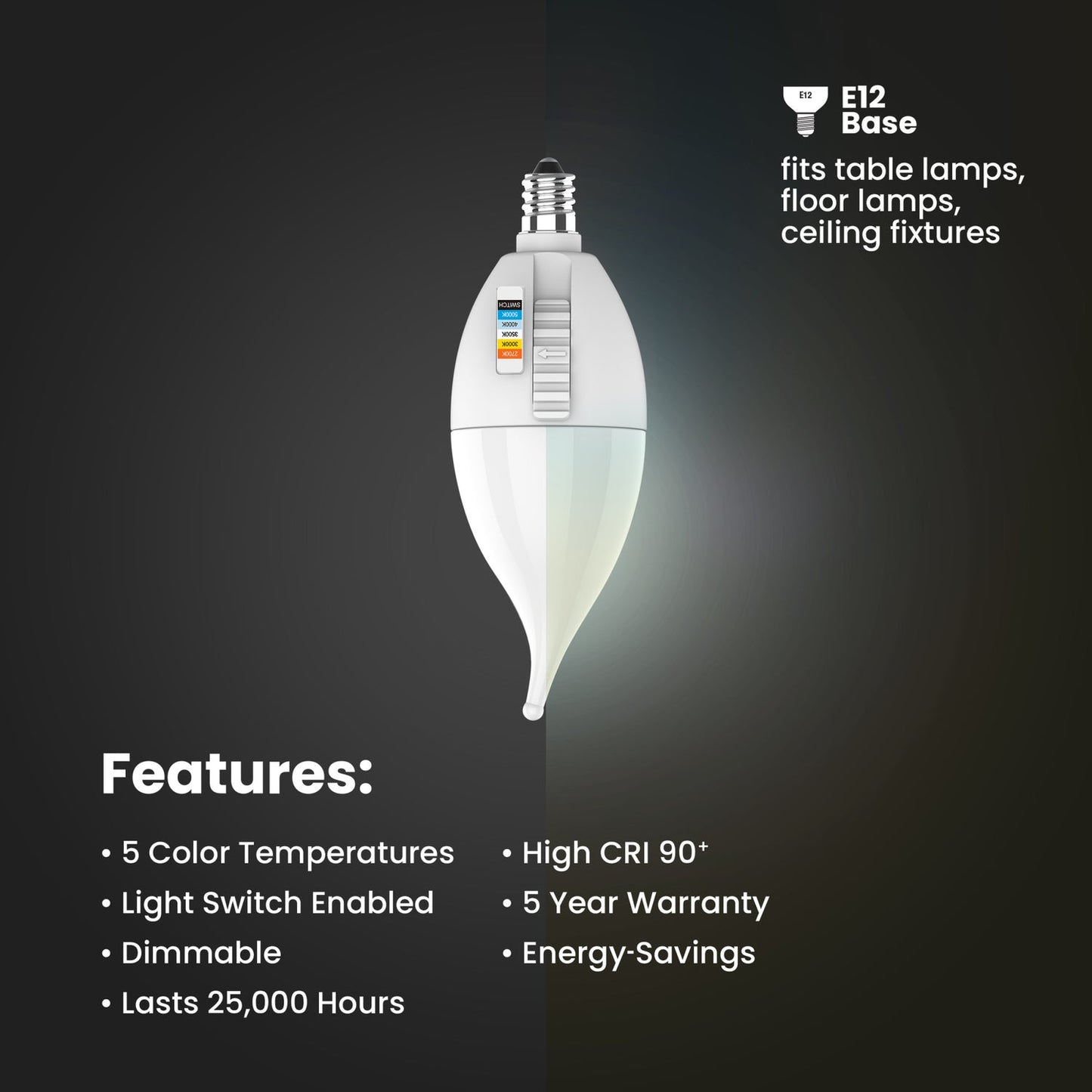 Feit Electric CFF40/6WYCA/2 5W (40W Replacement) Color Selectable E12 Base CA10 Flame Tip Dimmable LED Bulb (2-Pack)