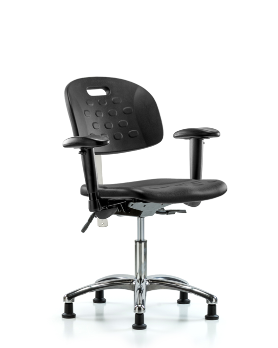 Blue Ridge Ergonomics CLR-HPDHCH-CR-T0-A1-RG-BLK Class 100 Newport Industrial Polyurethane Clean Room Chair - Desk Height with Adjustable Arms & Stationary Glides in Black Polyurethane