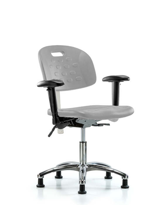 Blue Ridge Ergonomics CLR-HPDHCH-CR-T0-A1-RG-GRY Class 100 Newport Industrial Polyurethane Clean Room Chair - Desk Height with Adjustable Arms & Stationary Glides in Gray Polyurethane