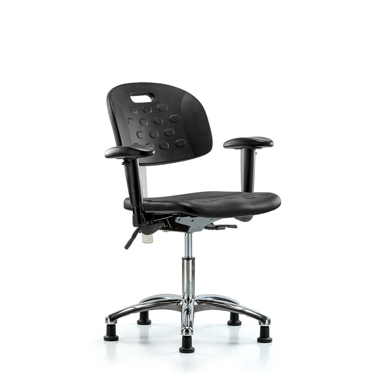 Blue Ridge Ergonomics CLR-HPDHCH-CR-T1-A1-RG-BLK Class 100 Newport Industrial Polyurethane Clean Room Chair - Desk Height with Seat Tilt, Adjustable Arms, & Stationary Glides in Black Polyurethane