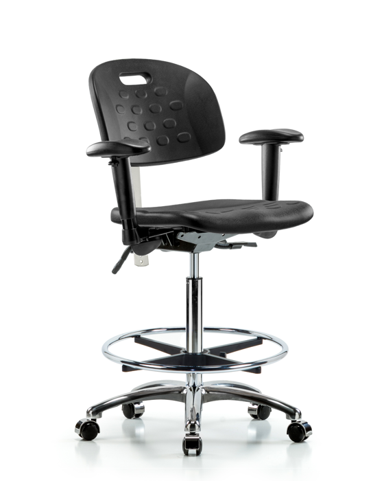 Blue Ridge Ergonomics CLR-HPHBCH-CR-T0-A1-CF-CC-BLK Class 100 Newport Industrial Polyurethane Clean Room Chair - High Bench Height with Adjustable Arms, Chrome Foot Ring, & Casters in Black Polyurethane