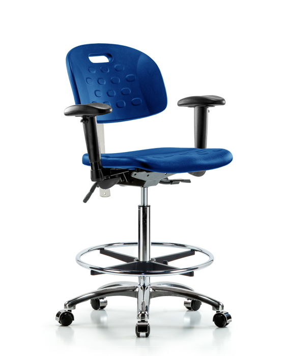 Blue Ridge Ergonomics CLR-HPHBCH-CR-T0-A1-CF-CC-BLU Class 100 Newport Industrial Polyurethane Clean Room Chair - High Bench Height with Adjustable Arms, Chrome Foot Ring, & Casters in Blue Polyurethane