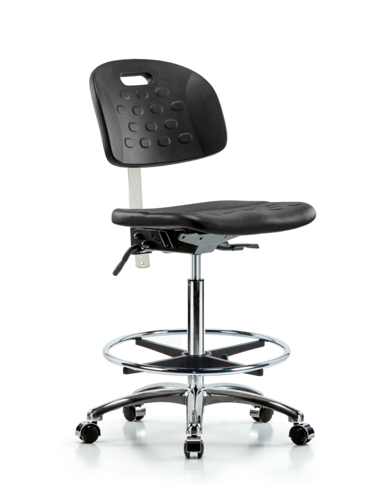 Blue Ridge Ergonomics CLR-HPHBCH-CR-T1-A0-CF-CC-BLK Class 100 Newport Industrial Polyurethane Clean Room Chair - High Bench Height with Seat Tilt, Chrome Foot Ring, & Casters in Black Polyurethane
