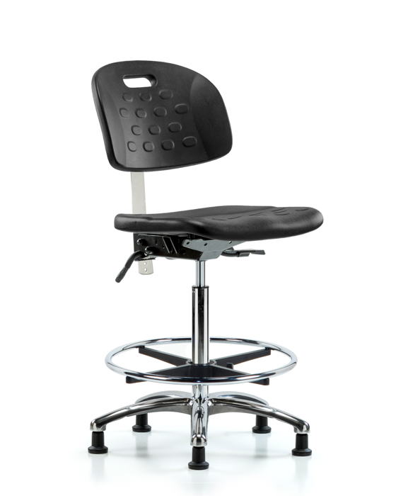 Blue Ridge Ergonomics CLR-HPHBCH-CR-T1-A0-CF-RG-BLK Class 100 Newport Industrial Polyurethane Clean Room Chair - High Bench Height with Seat Tilt, Chrome Foot Ring, & Stationary Glides in Black Polyurethane