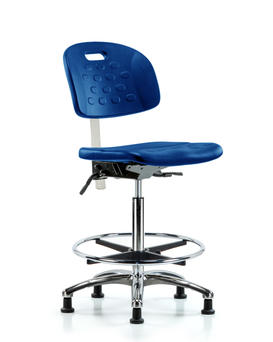 Blue Ridge Ergonomics CLR-HPHBCH-CR-T1-A0-CF-RG-BLU Class 100 Newport Industrial Polyurethane Clean Room Chair - High Bench Height with Seat Tilt, Chrome Foot Ring, & Stationary Glides in Blue Polyurethane