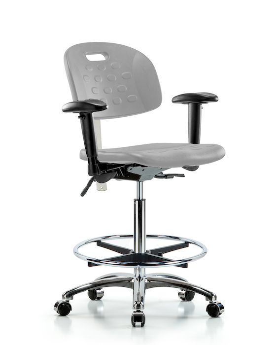 Blue Ridge Ergonomics CLR-HPHBCH-CR-T1-A1-CF-CC-GRY Class 100 Newport Industrial Polyurethane Clean Room Chair - High Bench Height with Seat Tilt, Adjustable Arms, Chrome Foot Ring, & Casters in Gray Polyurethane