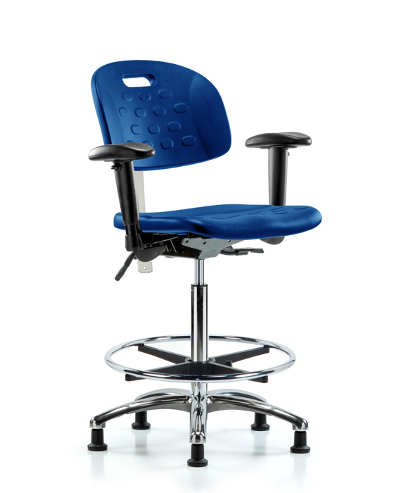 Blue Ridge Ergonomics CLR-HPHBCH-CR-T1-A1-CF-RG-BLU CL100 Newport Ind Polyurethane Clean Room Chair - High Bench Height with Seat Tilt, Adjustable Arms, Chrome Foot Ring, & Stationary Glides in Blue Polyurethane