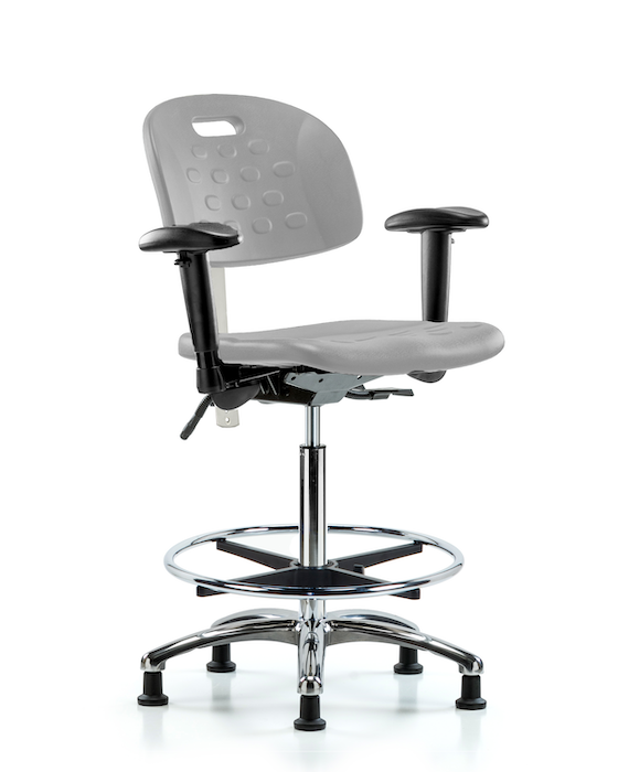 Blue Ridge Ergonomics CLR-HPHBCH-CR-T1-A1-CF-RG-GRY CL100 Newport Ind Polyurethane Clean Room Chair - High Bench Height with Seat Tilt, Adjustable Arms, Chrome Foot Ring, & Stationary Glides in Gray Polyurethane