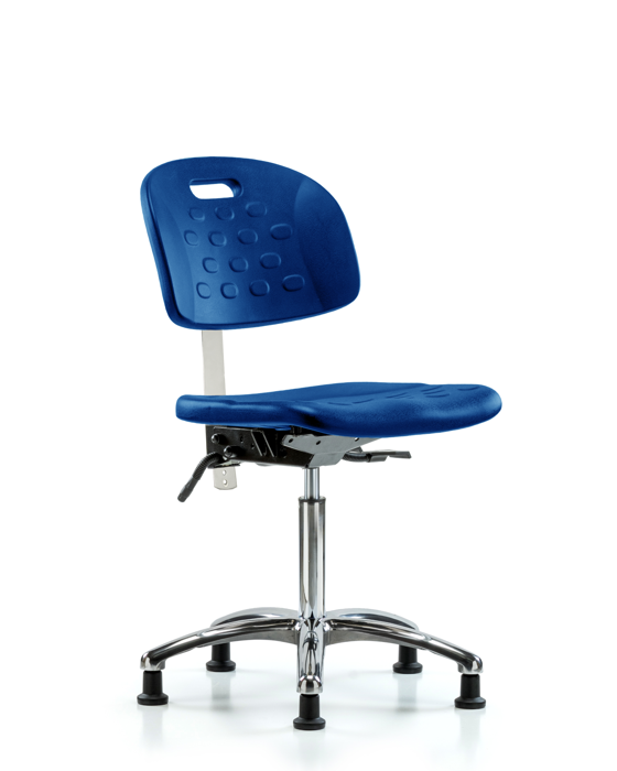 Blue Ridge Ergonomics CLR-HPMBCH-CR-T0-A0-NF-RG-BLU Class 10 Newport Industrial Polyurethane Clean Room Chair - Medium Bench Height with Stationary Glides in Blue Polyurethane