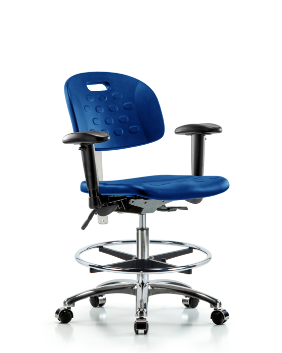 Blue Ridge Ergonomics CLR-HPMBCH-CR-T0-A1-CF-CC-BLU Class 100 Newport Industrial Polyurethane Clean Room Chair - Medium Bench Height with Adjustable Arms, Chrome Foot Ring, & Casters in Blue Polyurethane