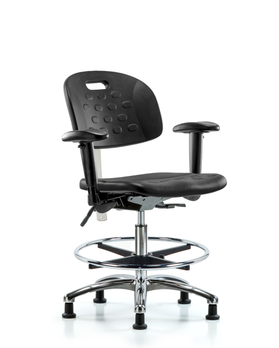 Blue Ridge Ergonomics CLR-HPMBCH-CR-T0-A1-CF-RG-BLK Class 100 Newport Ind Polyurethane Clean Room Chair - Medium Bench Height with Adjustable Arms, Chrome Foot Ring, & Stationary Glides in Black Polyurethane