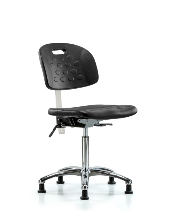 Blue Ridge Ergonomics CLR-HPMBCH-CR-T1-A0-NF-RG-BLK Class 100 Newport Industrial Polyurethane Clean Room Chair - Medium Bench Height with Seat Tilt & Stationary Glides in Black Polyurethane