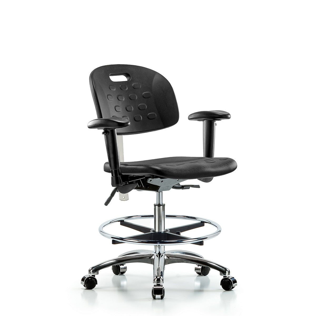 Blue Ridge Ergonomics CLR-HPMBCH-CR-T1-A1-CF-CC-BLK Class 100 Newport Ind Polyurethane Clean Room Chair - Medium Bench Height with Seat Tilt, Adjustable Arms, Chrome Foot Ring, & Casters in Black Polyurethane