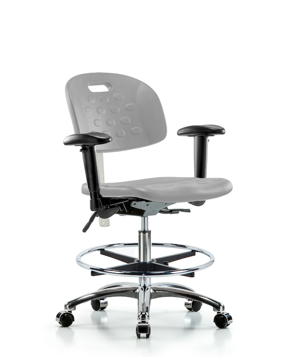 Blue Ridge Ergonomics CLR-HPMBCH-CR-T1-A1-CF-CC-GRY Class 100 Newport Ind Polyurethane Clean Room Chair - Medium Bench Height with Seat Tilt, Adjustable Arms, Chrome Foot Ring, & Casters in Gray Polyurethane