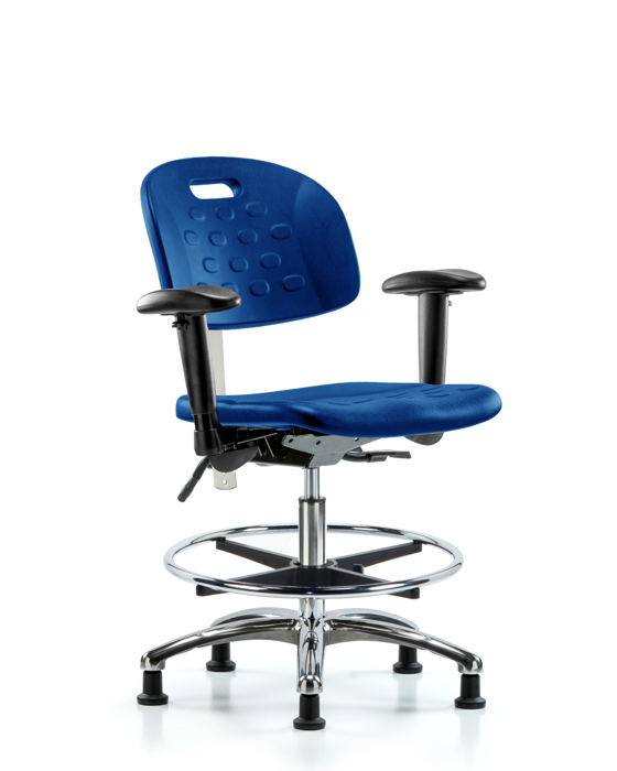Blue Ridge Ergonomics CLR-HPMBCH-CR-T1-A1-CF-RG-BLU CL100 Newport Ind Polyurethane Clean Room Chair - Medium Bench Height with Seat Tilt, Adj Arms, Chrome Foot Ring, & Stationary Glides in Blue Polyurethane