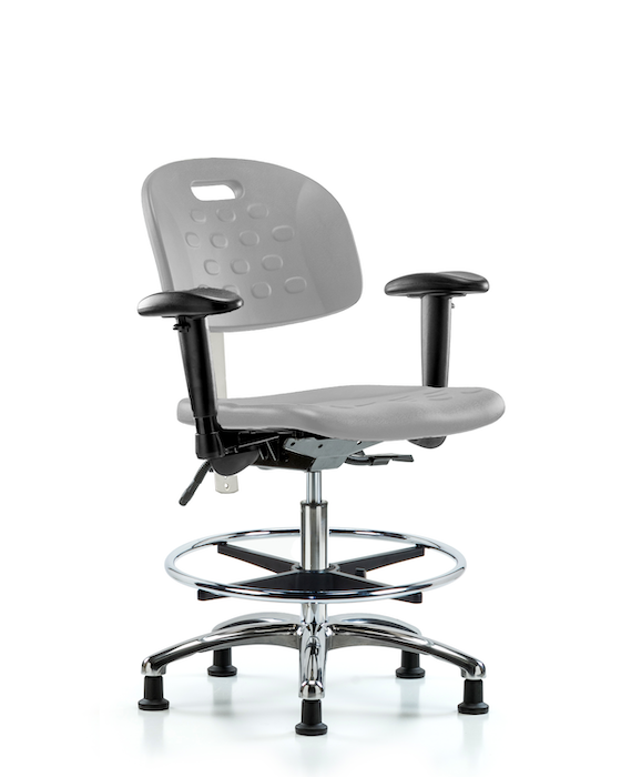 Blue Ridge Ergonomics CLR-HPMBCH-CR-T1-A1-CF-RG-GRY CL100 Newport Ind Polyurethane Clean Room Chair - Medium Bench Height with Seat Tilt, Adj Arms, Chrome Foot Ring, & Stationary Glides in Gray Polyurethane