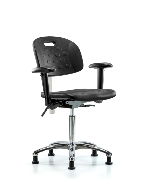 Blue Ridge Ergonomics CLR-HPMBCH-CR-T1-A1-NF-RG-BLK Class 100 Newport Industrial Polyurethane Clean Room Chair - Medium Bench Height with Seat Tilt, Adjustable Arms, & Stationary Glides in Black Polyurethane