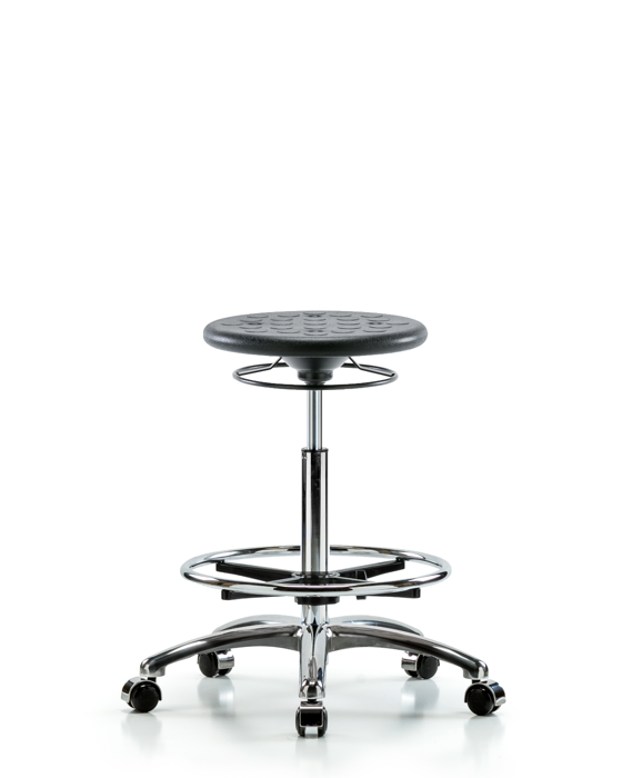 Blue Ridge Ergonomics CLR-IPHBSO-CR-CF-CC-BLK Class 10 Huron Polyurethane Clean Room Stool - High Bench Height with Chrome Foot Ring and Casters in Black Polyurethane