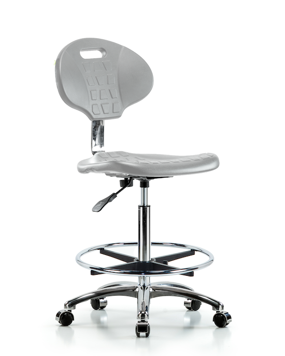 Blue Ridge Ergonomics CLR-TPHBCH-CR-A0-CF-CC-GRY Class 10 Erie Polyurethane Clean Room Chair - High Bench Height with Chrome Foot Ring & Casters in Gray Polyurethane
