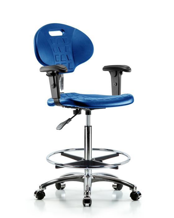 Blue Ridge Ergonomics CLR-TPHBCH-CR-A1-CF-CC-BLU Class 100 Erie Polyurethane Clean Room Chair - High Bench Height with Adjustable Arms, Chrome Foot Ring, & Casters in Blue Polyurethane