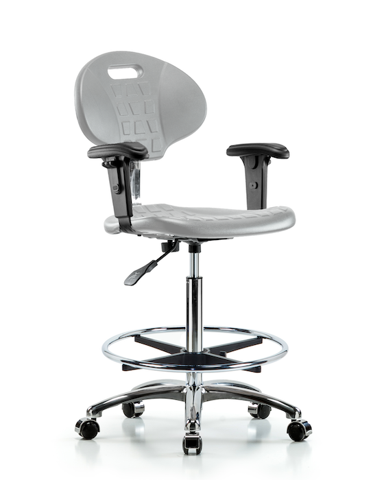 Blue Ridge Ergonomics CLR-TPHBCH-CR-A1-CF-CC-GRY Class 100 Erie Polyurethane Clean Room Chair - High Bench Height with Adjustable Arms, Chrome Foot Ring, & Casters in Gray Polyurethane