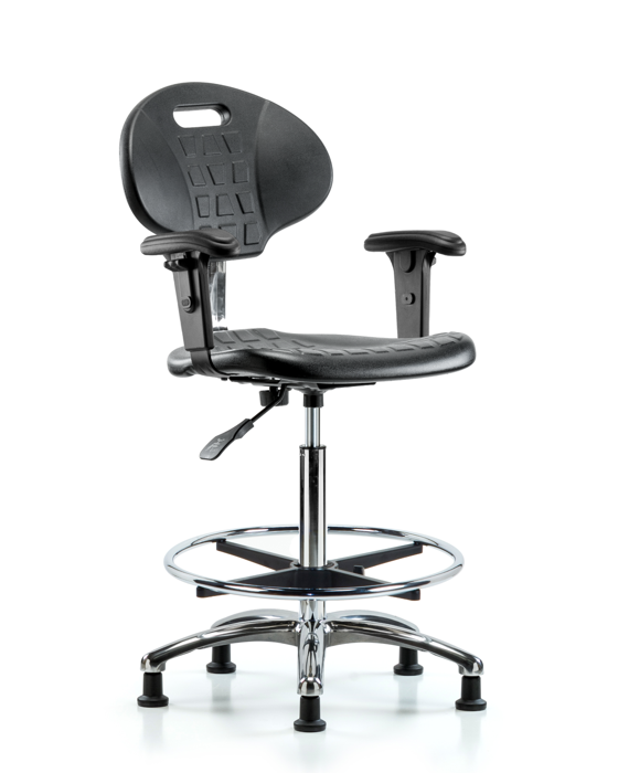 Blue Ridge Ergonomics CLR-TPHBCH-CR-A1-CF-RG-BLK Class 100 Erie Polyurethane Clean Room Chair - High Bench Height with Adjustable Arms, Chrome Foot Ring & Stationary Glides in Black Polyurethane